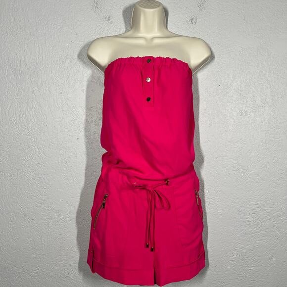 Cache Hot Pink Strapless Romper Casual Gold Zip Pocket Button Front - XS - Picture 4 of 6